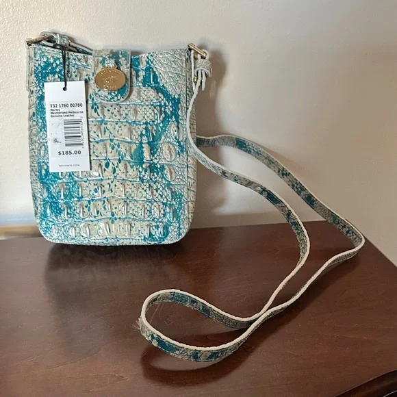 Brahmin Teal and Cream Croc-Embossed Crossbody Bag - Picture 11 of 11